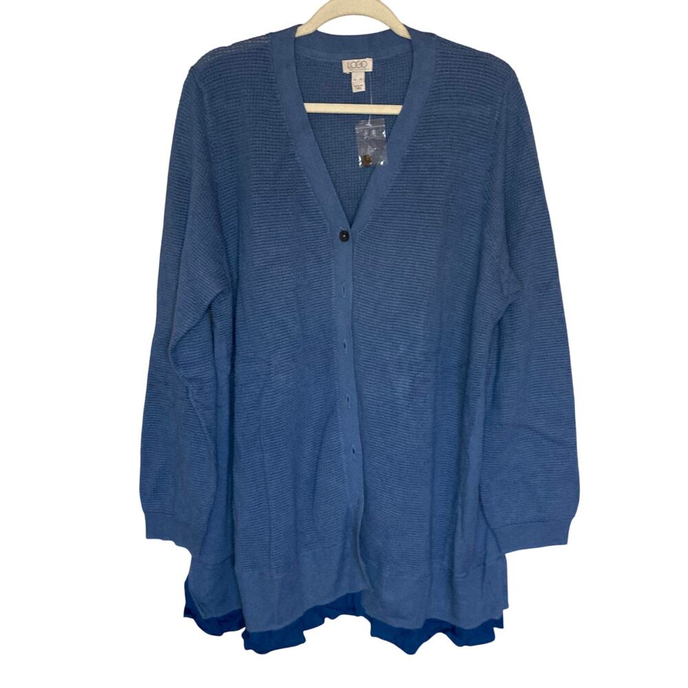 LOGO Lori Goldstein XL Button Front Cardigan Sweater Waffle Knit V-Neck Relaxed